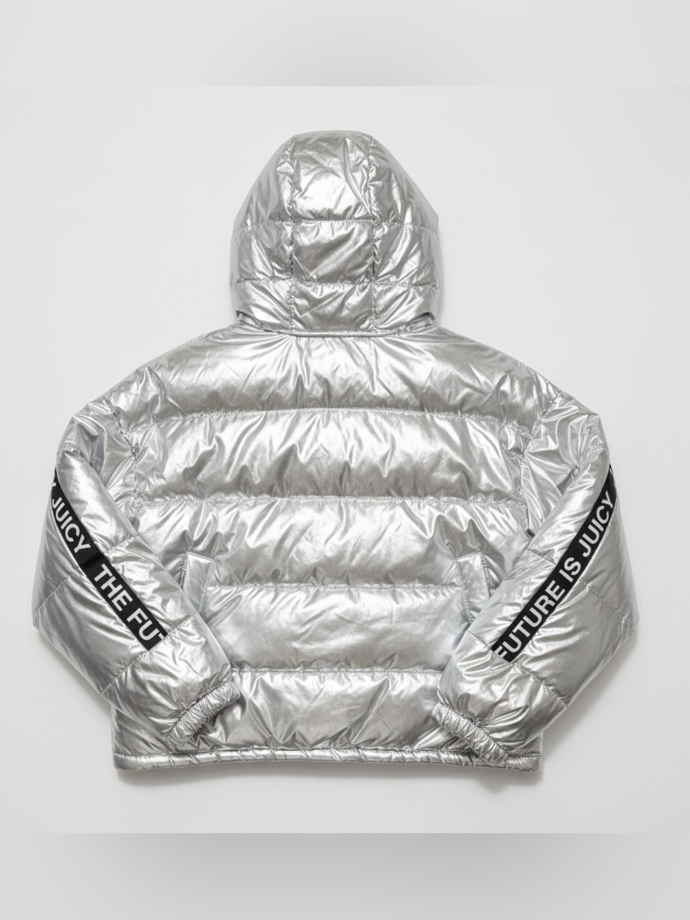 Juicy Couture Metallic Silver Hooded Puffer Jacket with Sleeve Logo Tape